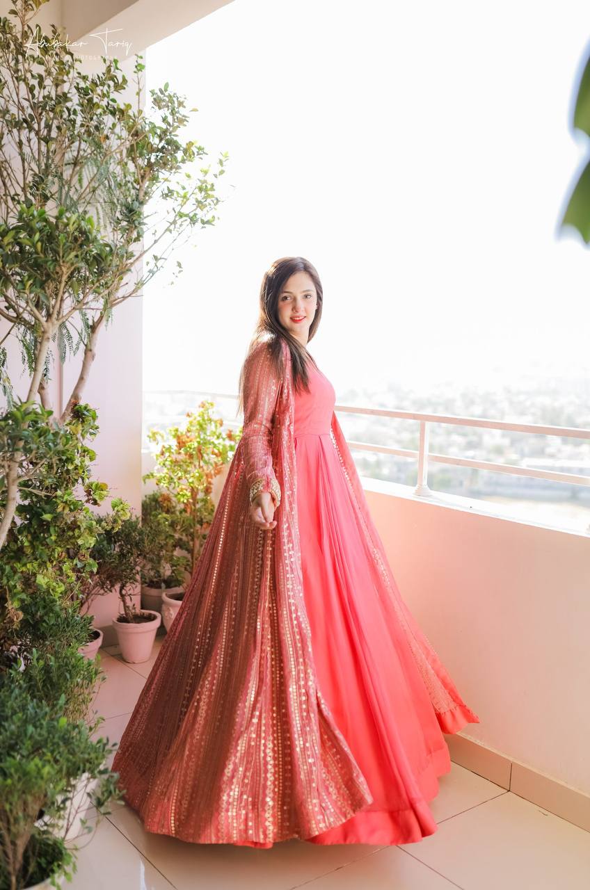 Peach Elegant Party Wear Gown & Long Koti Set with Embroidery and Sequins