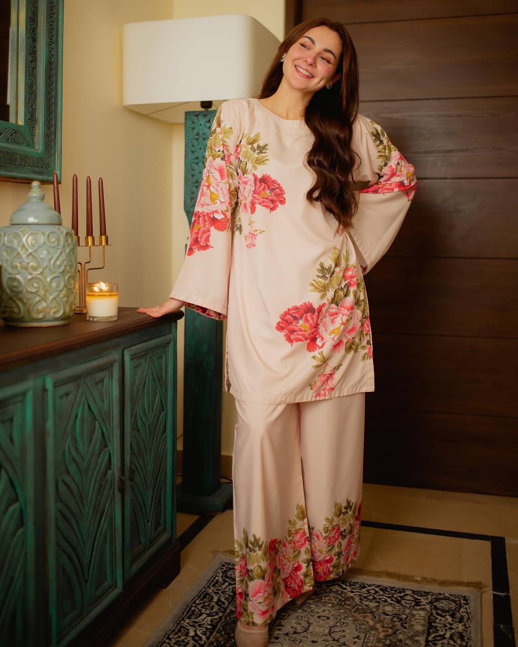 Peach Elegant Pure Natural Crepe Digital Print Co-Ord Set Top & Plazzo – Fully Stitched