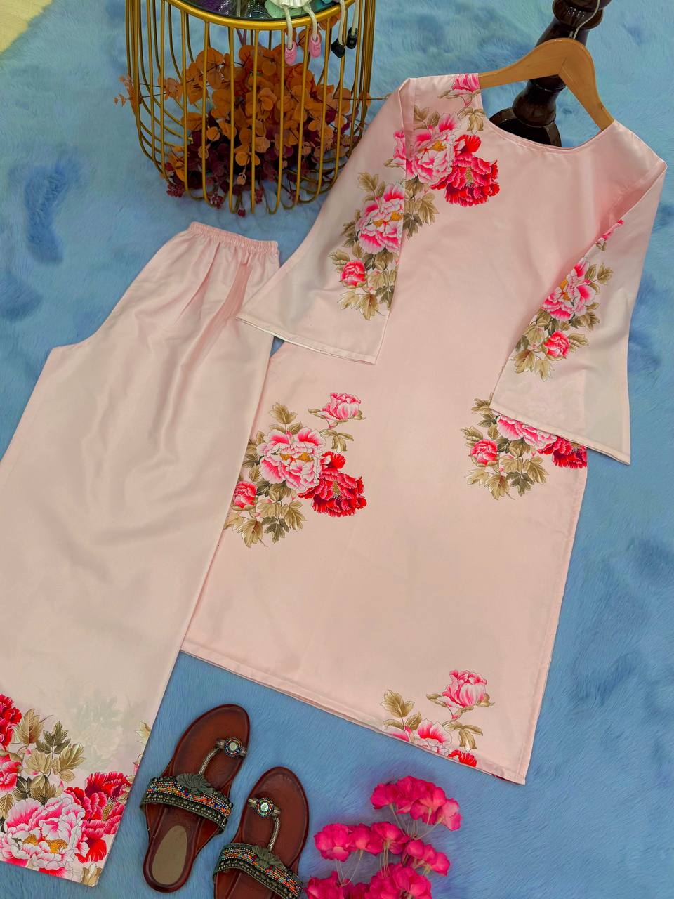 Peach Elegant Pure Natural Crepe Digital Print Co-Ord Set Top & Plazzo – Fully Stitched