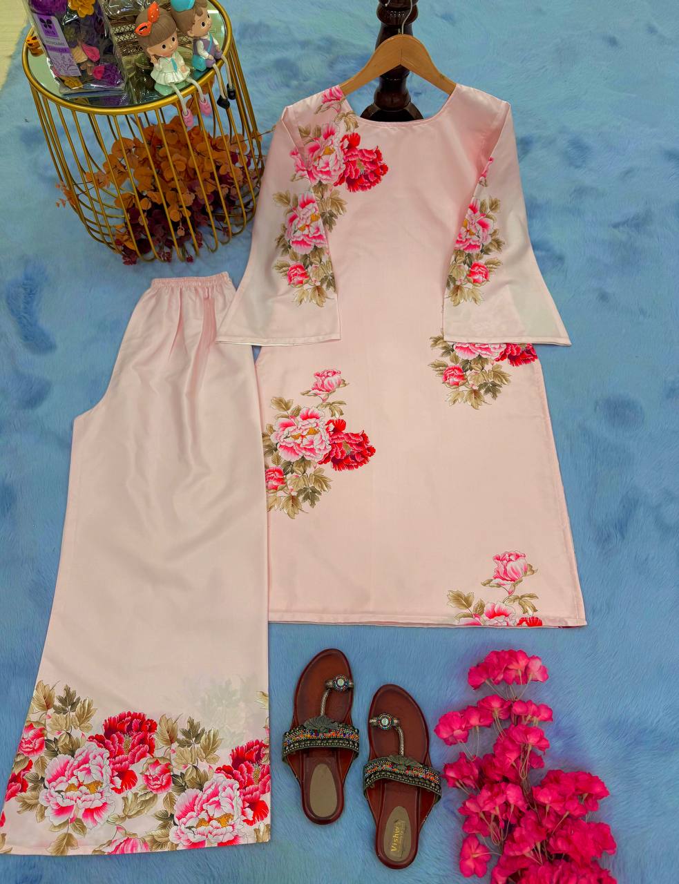 Peach Elegant Pure Natural Crepe Digital Print Co-Ord Set Top & Plazzo – Fully Stitched