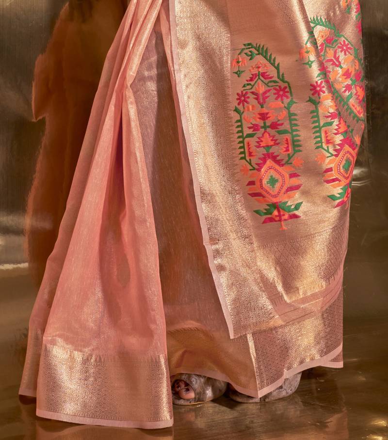 Peach Elegant Tissue Paithani Silk Saree with Designer Border & Embroidered Pallu