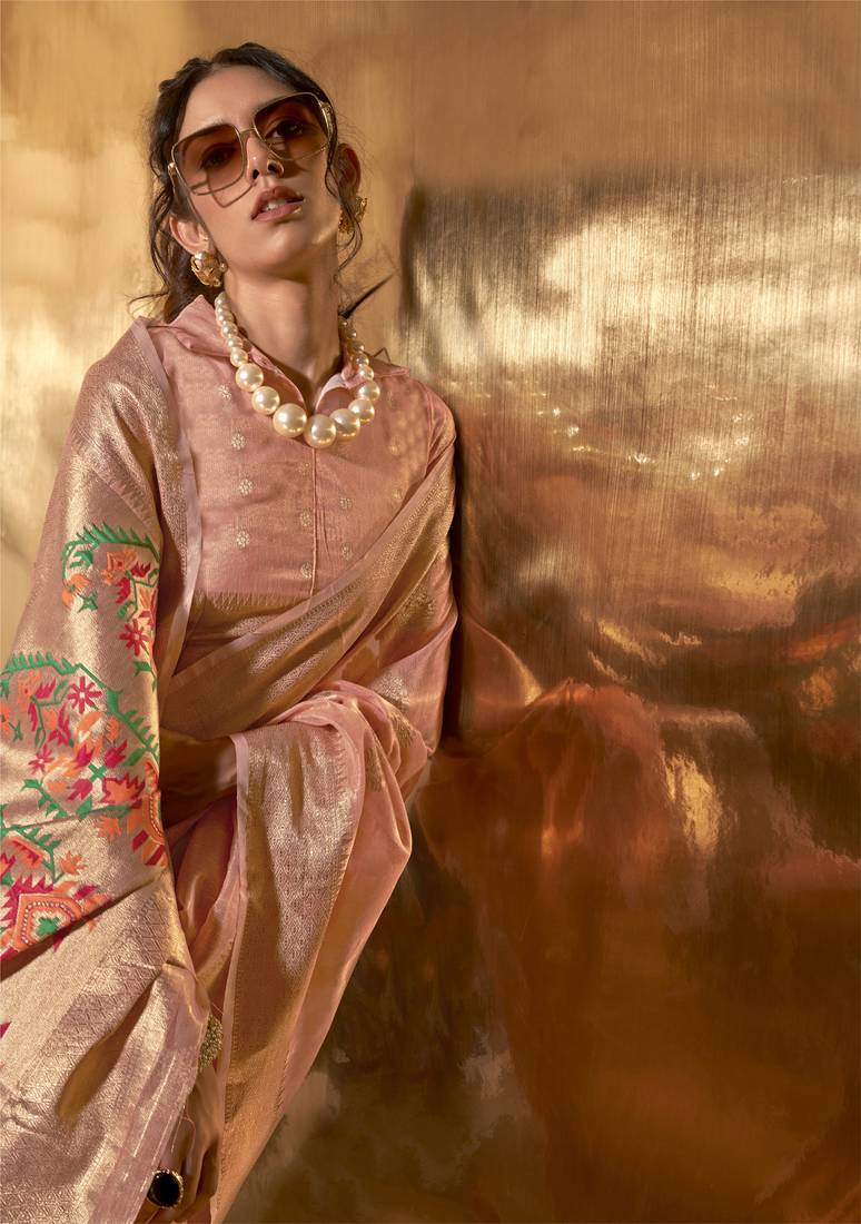 Peach Elegant Tissue Paithani Silk Saree with Designer Border & Embroidered Pallu