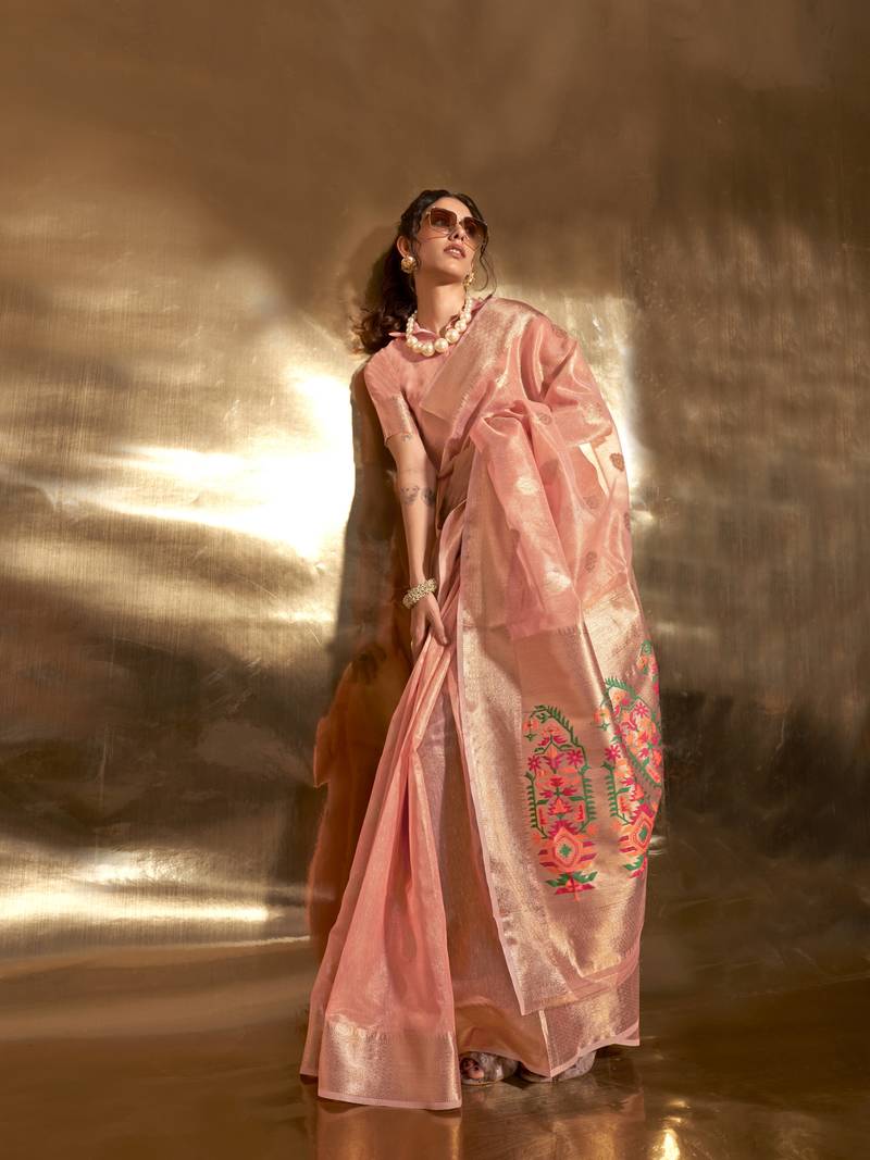 Peach Elegant Tissue Paithani Silk Saree with Designer Border & Embroidered Pallu