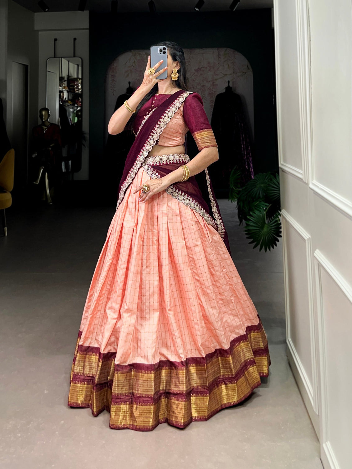 Peach Elegant Zari Chex Lehenga Set – Perfect Blend of Tradition & Trend