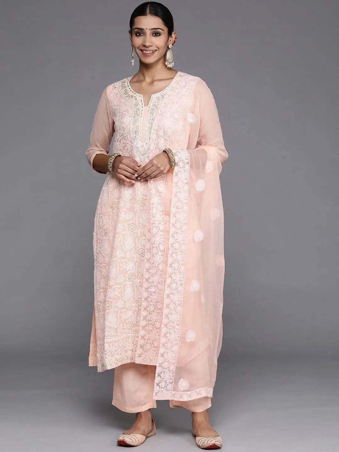 Mameraa Peach Embroidered Georgette Straight Kurta With Trousers & Dupatta