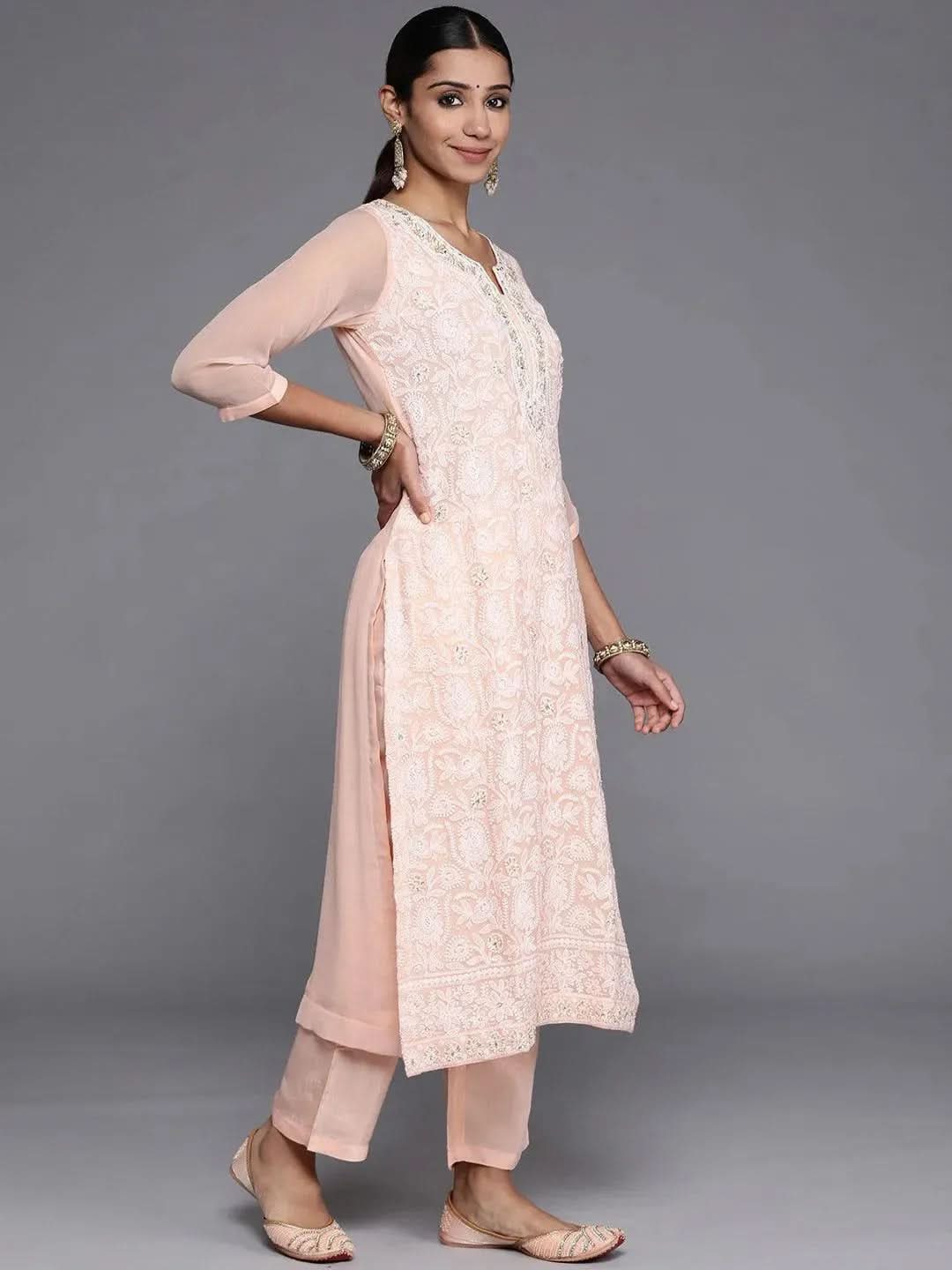 Mameraa Peach Embroidered Georgette Straight Kurta With Trousers & Dupatta