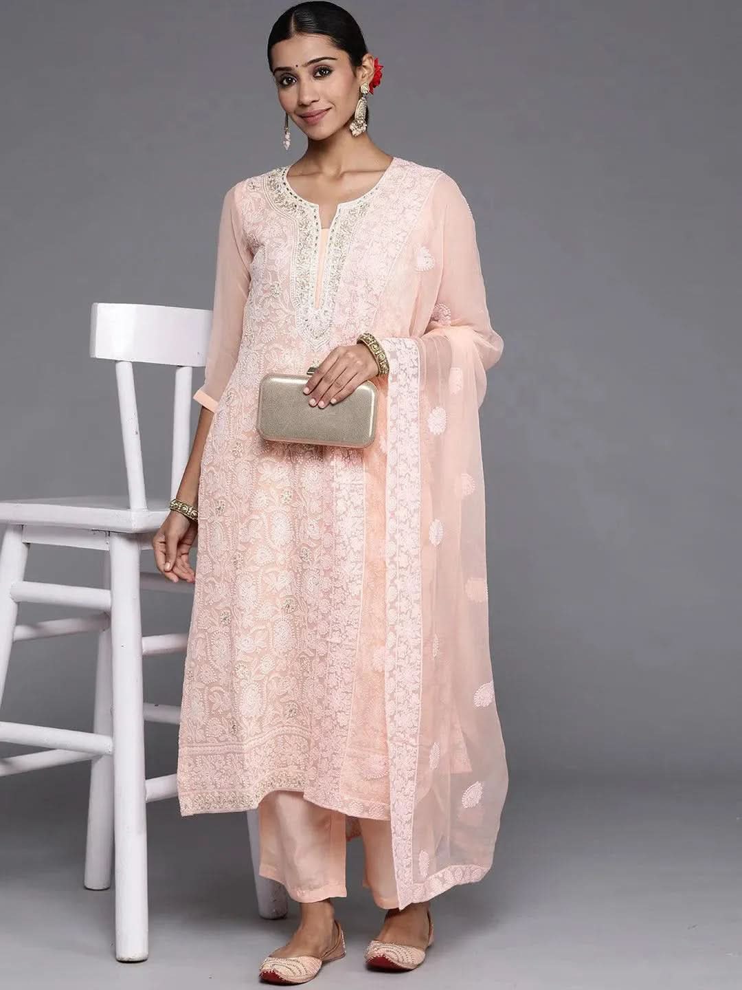 Mameraa Peach Embroidered Georgette Straight Kurta With Trousers & Dupatta