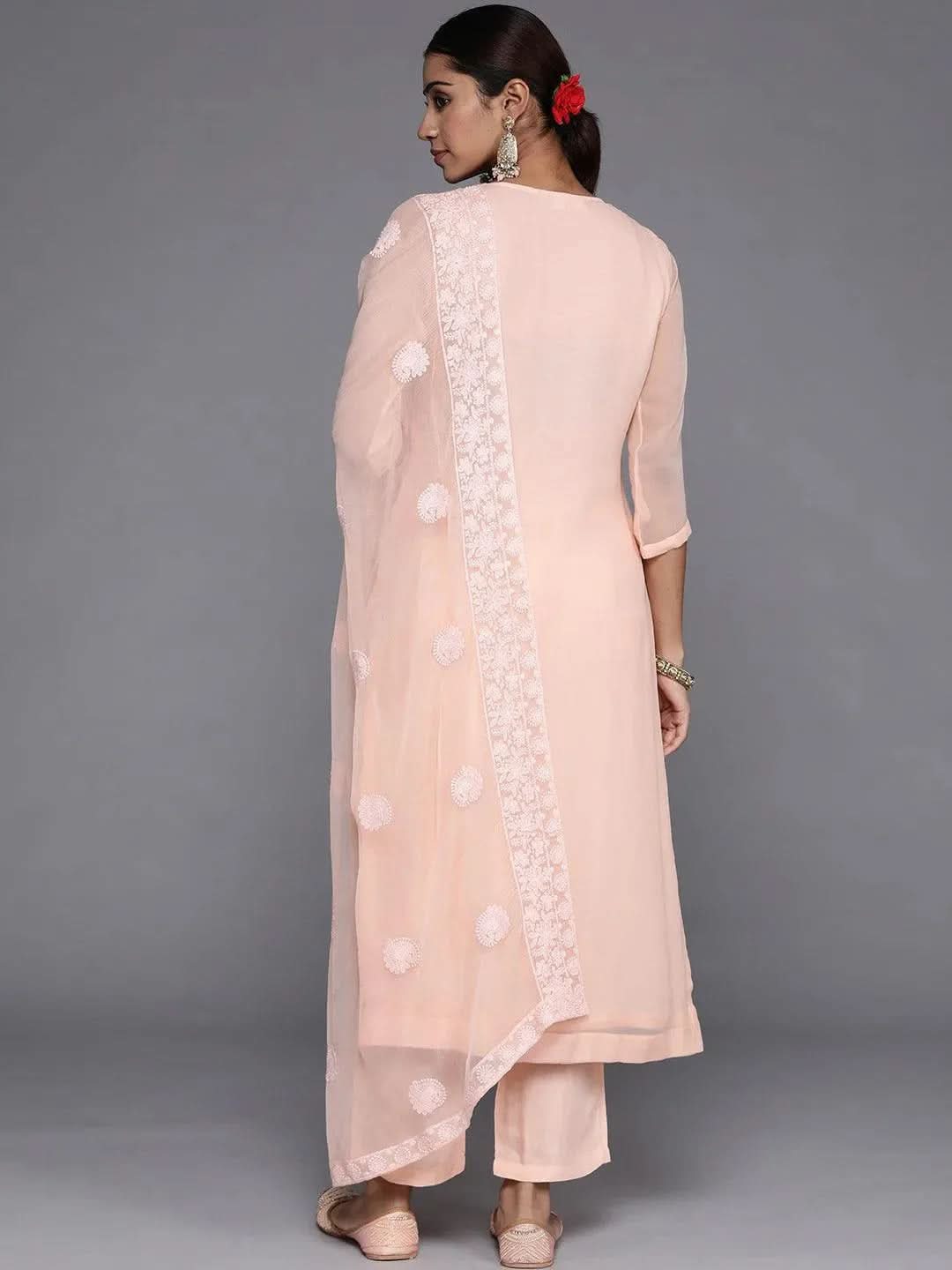 Mameraa Peach Embroidered Georgette Straight Kurta With Trousers & Dupatta