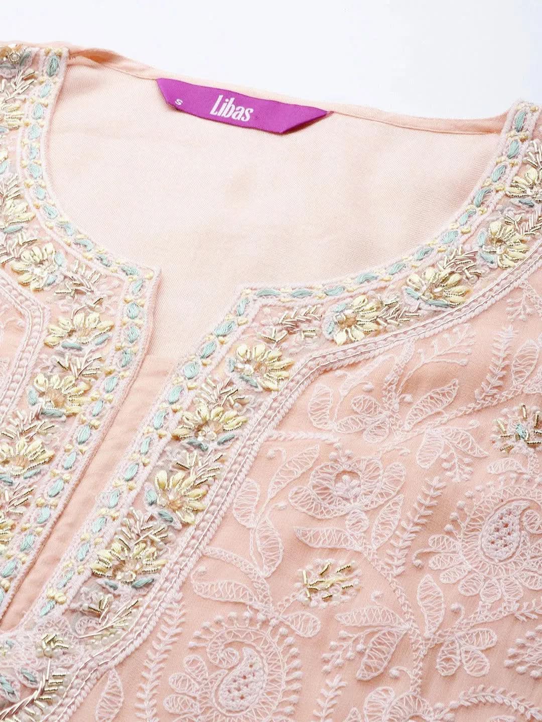 Mameraa Peach Embroidered Georgette Straight Kurta With Trousers & Dupatta