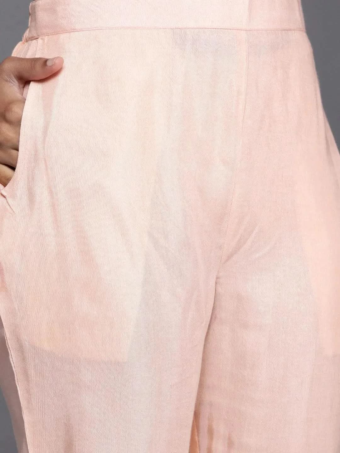 Mameraa Peach Embroidered Georgette Straight Kurta With Trousers & Dupatta