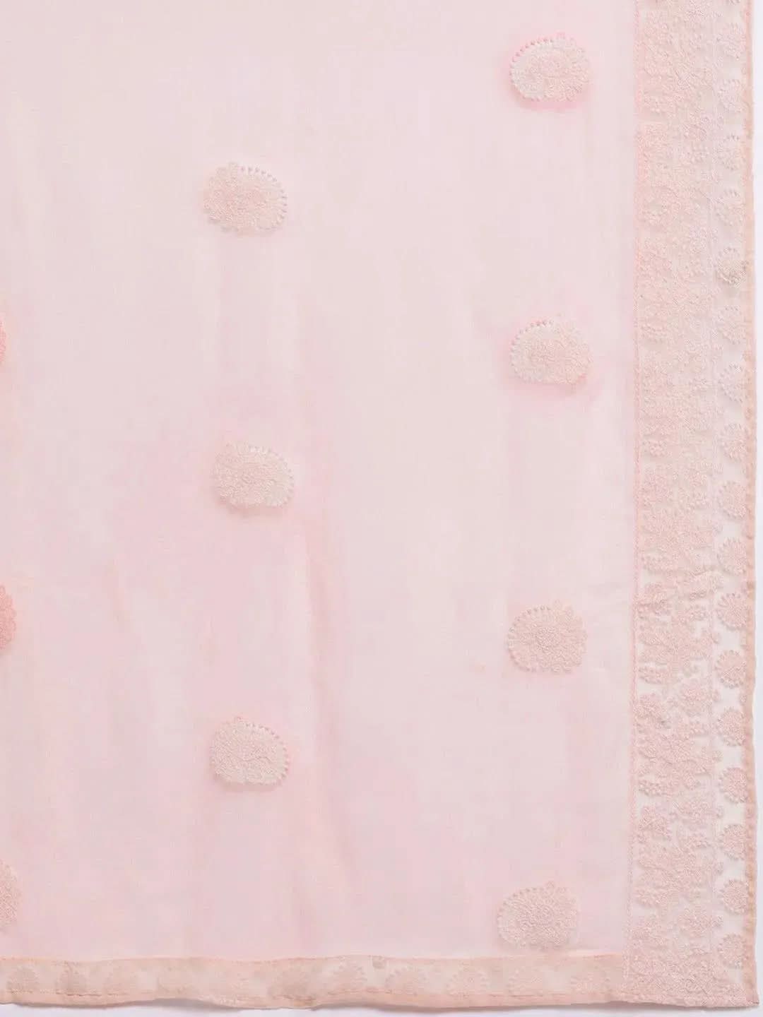 Mameraa Peach Embroidered Georgette Straight Kurta With Trousers & Dupatta