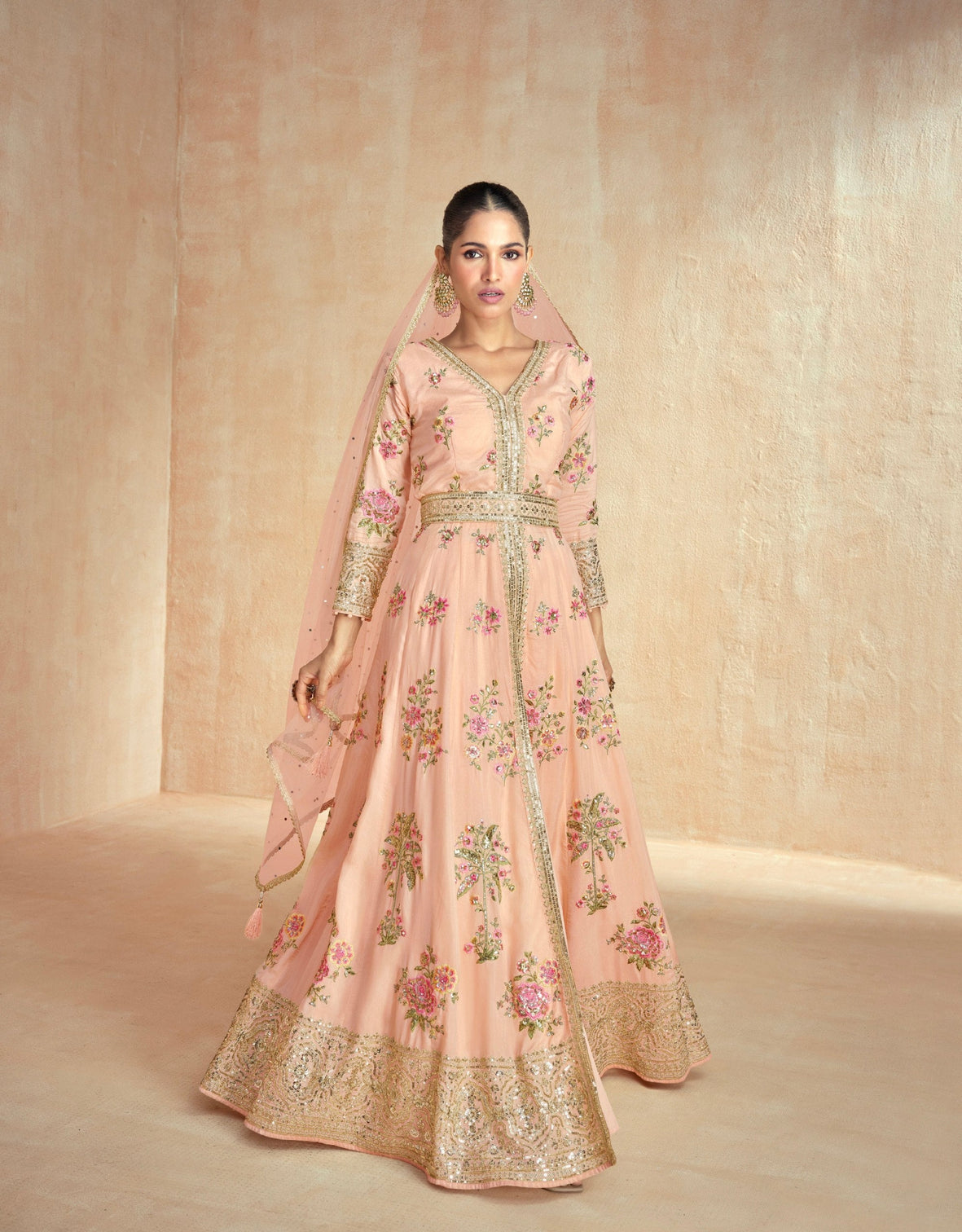 Peach Embroidered Gown Set with Dupatta – Festive Wear