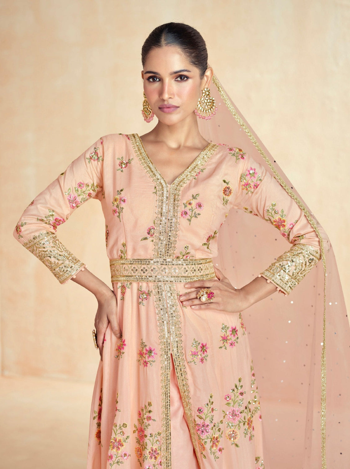Peach Embroidered Gown Set with Dupatta – Festive Wear