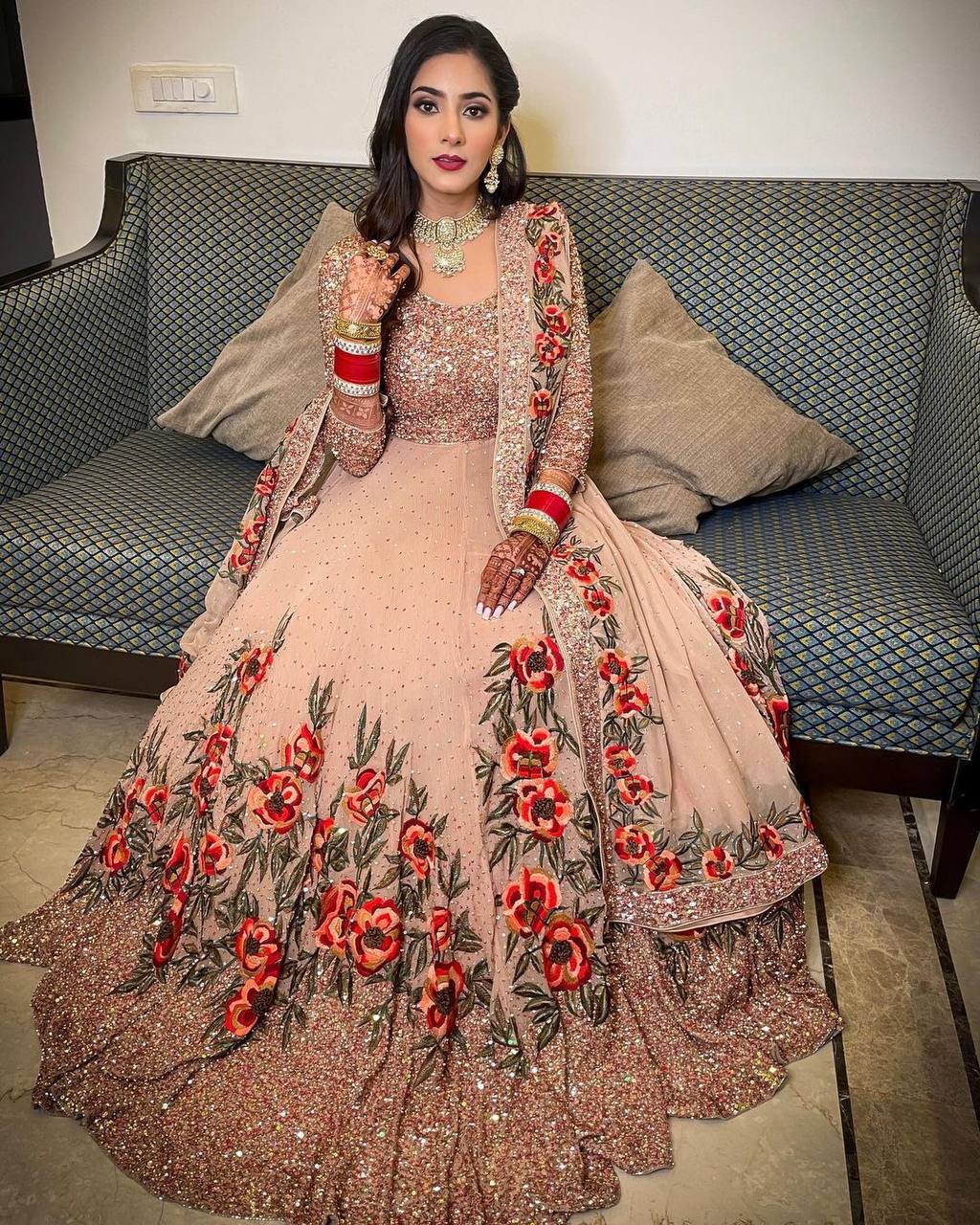 Peach Embroidered Heavy Georgette Gown Set with Dupatta & Bottom – Ready to Wear