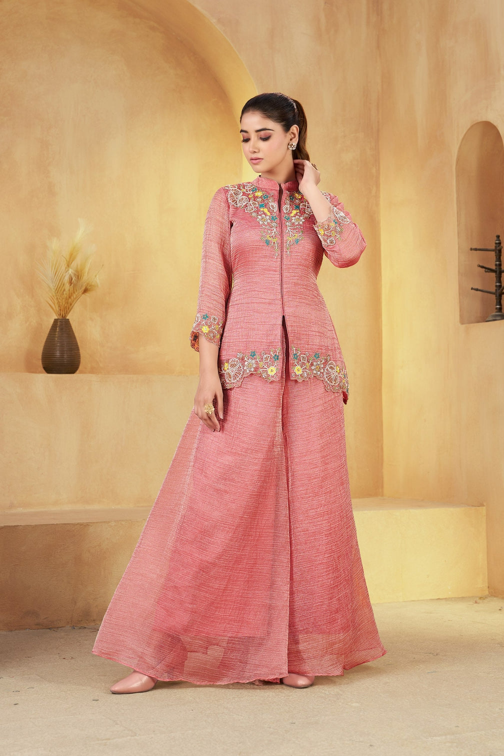 Peach Embroidered Khatali Work Co-Ord Set