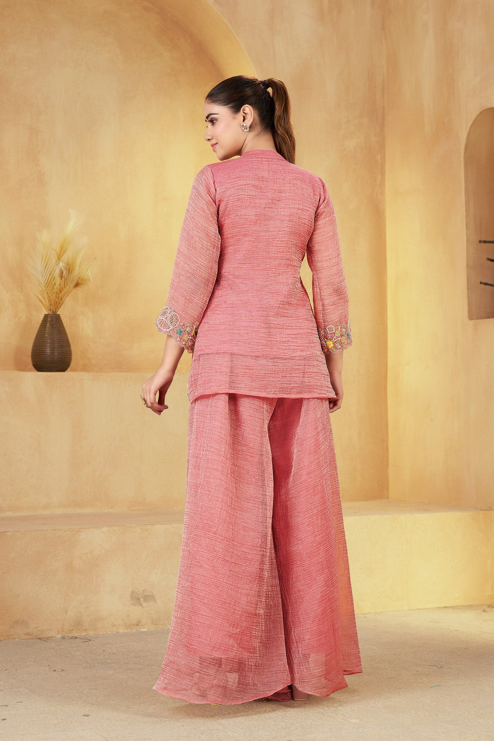 Peach Embroidered Khatali Work Co-Ord Set
