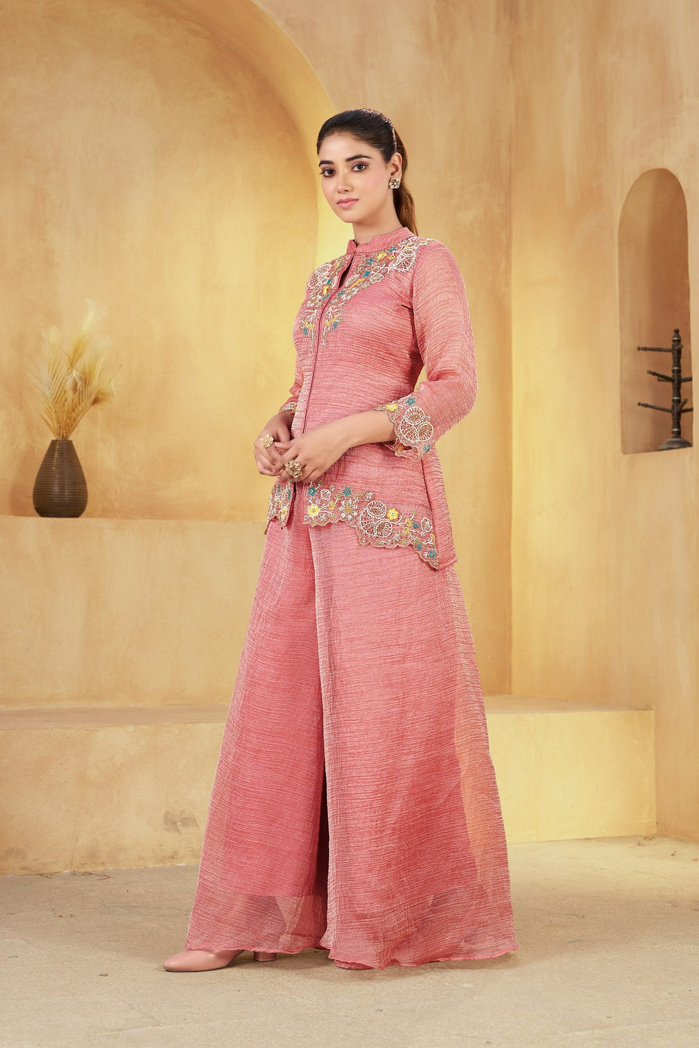 Peach Embroidered Khatali Work Co-Ord Set