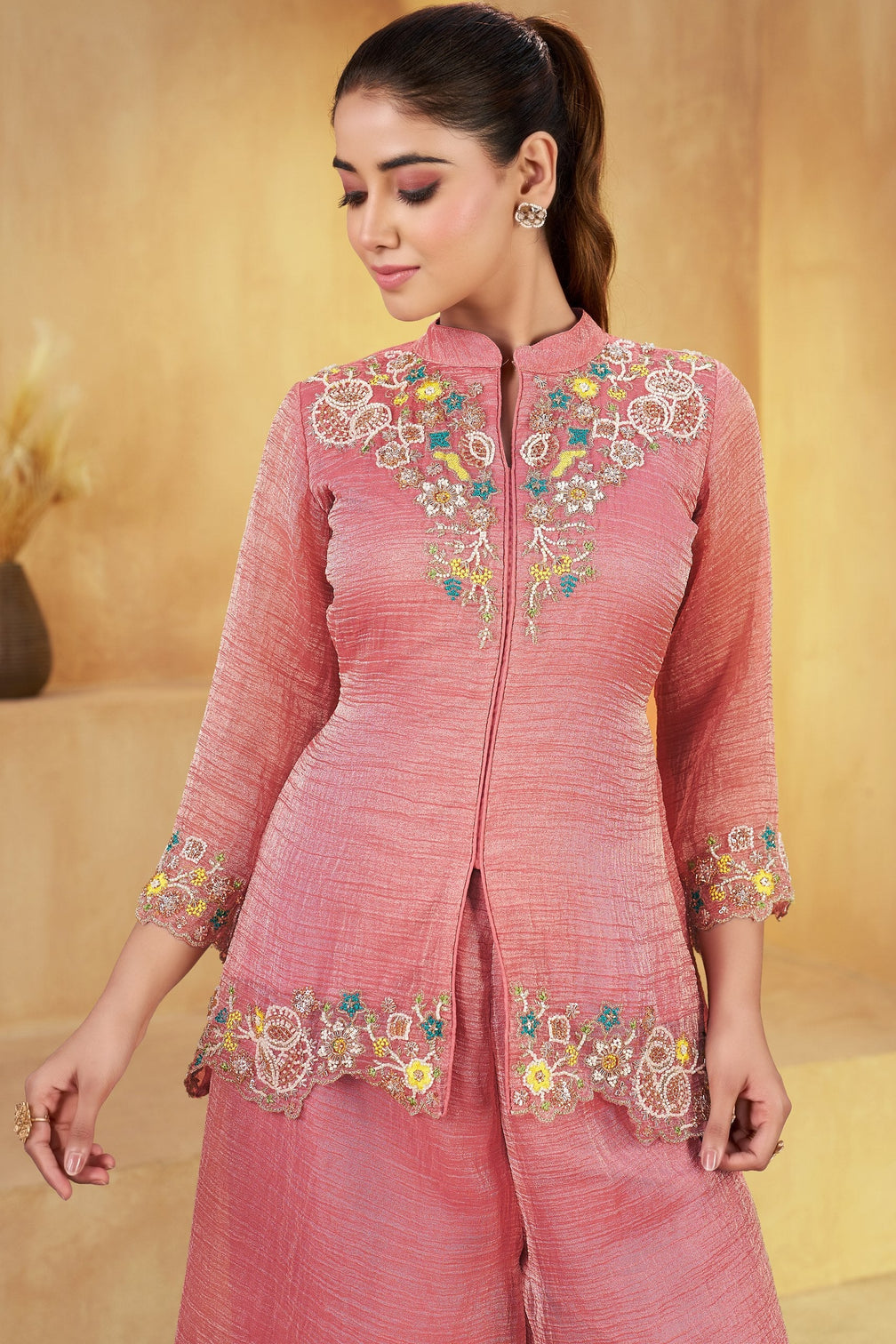 Peach Embroidered Khatali Work Co-Ord Set