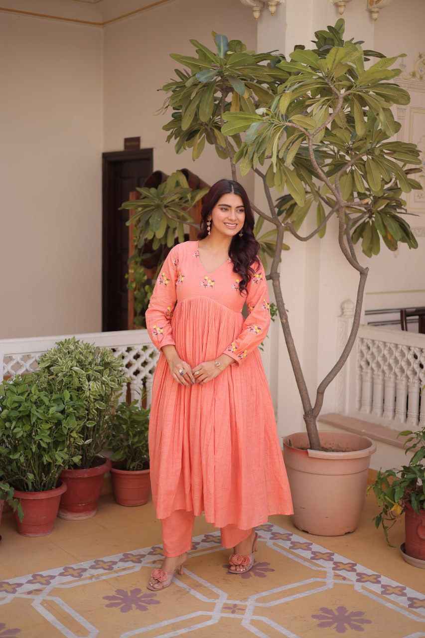 Peach Embroidered Kurti Pant Set