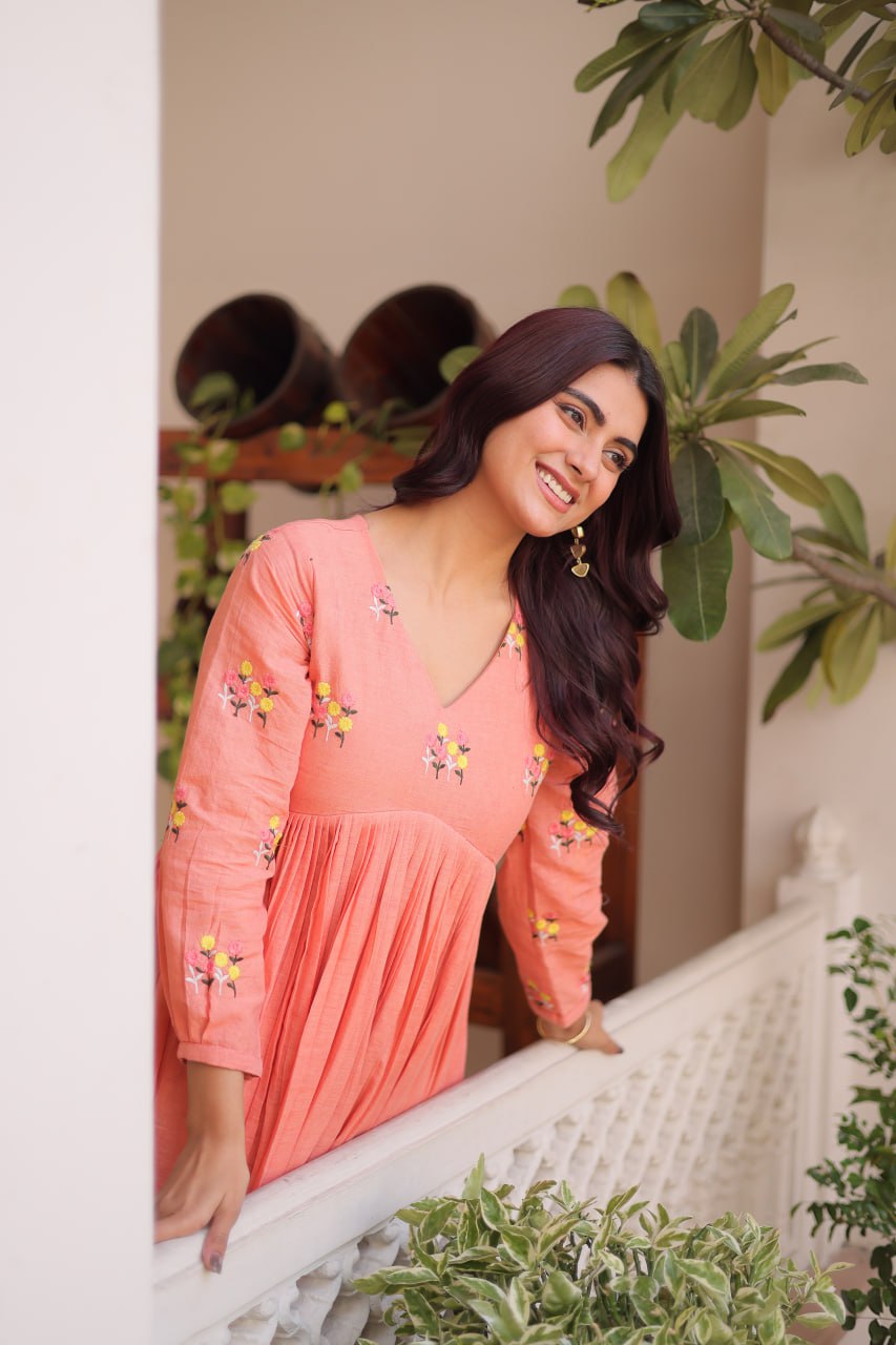 Peach Embroidered Kurti Pant Set