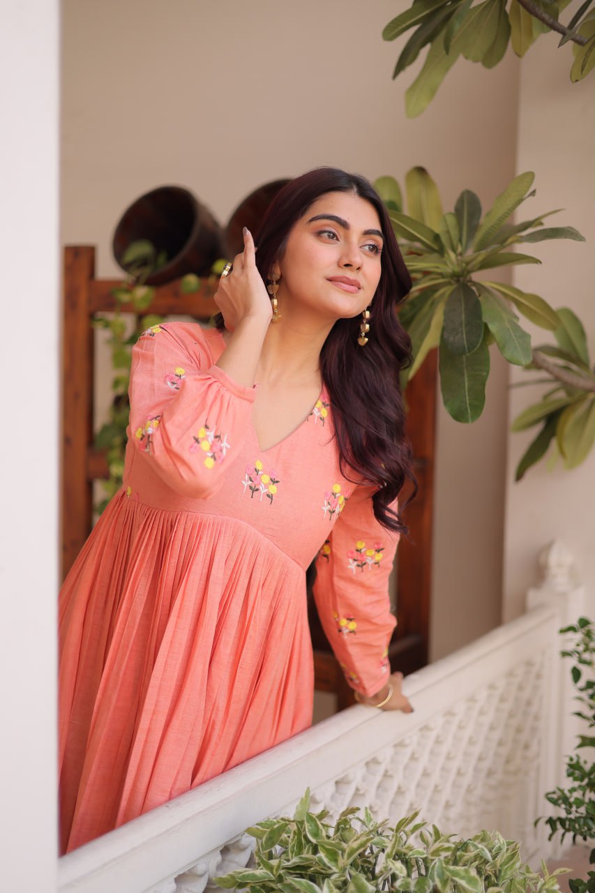 Peach Embroidered Kurti Pant Set