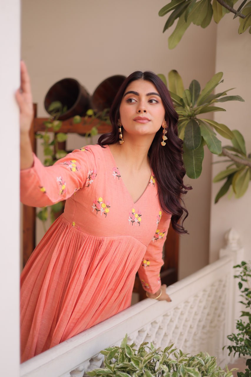 Peach Embroidered Kurti Pant Set