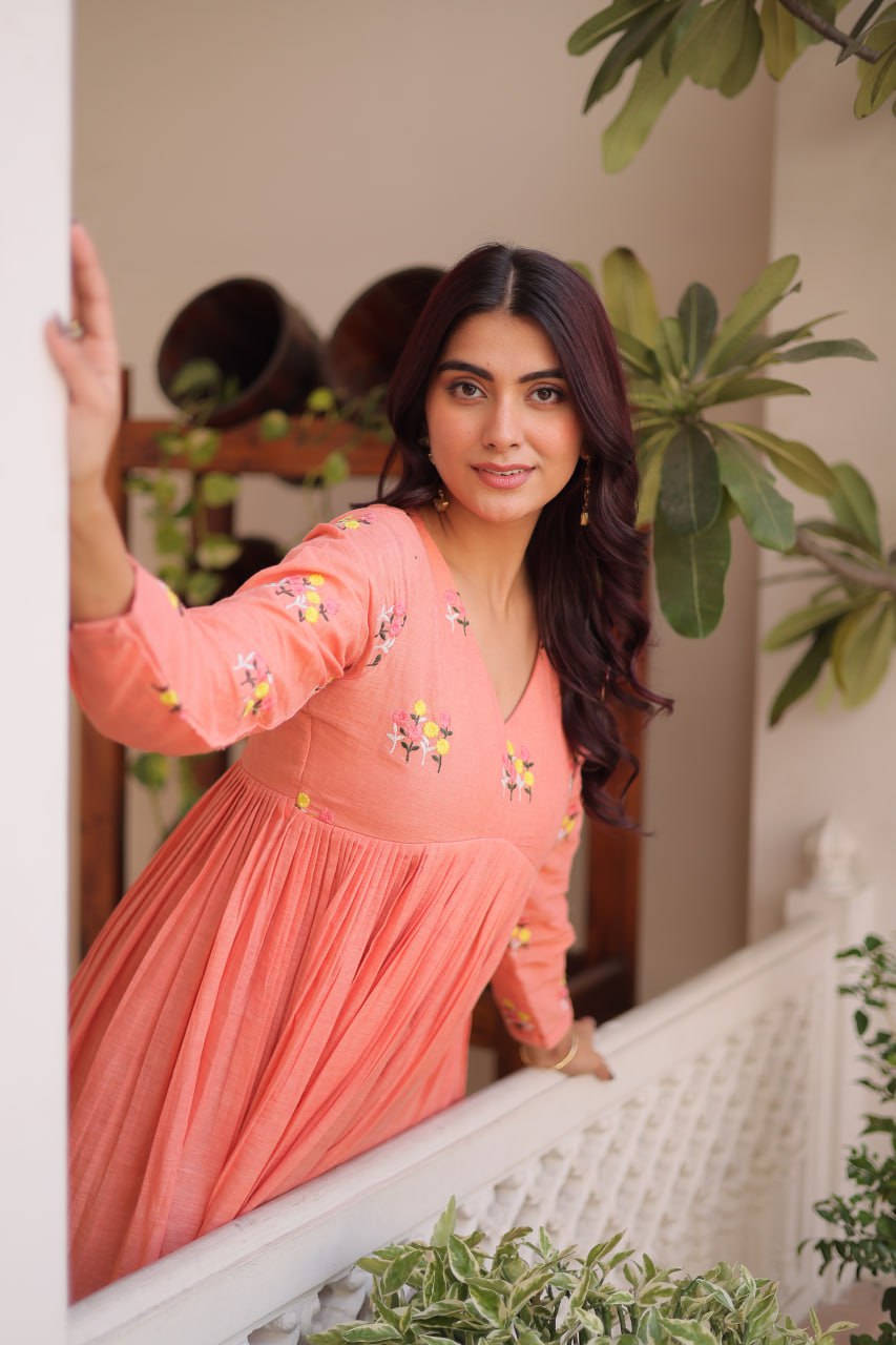 Peach Embroidered Kurti Pant Set
