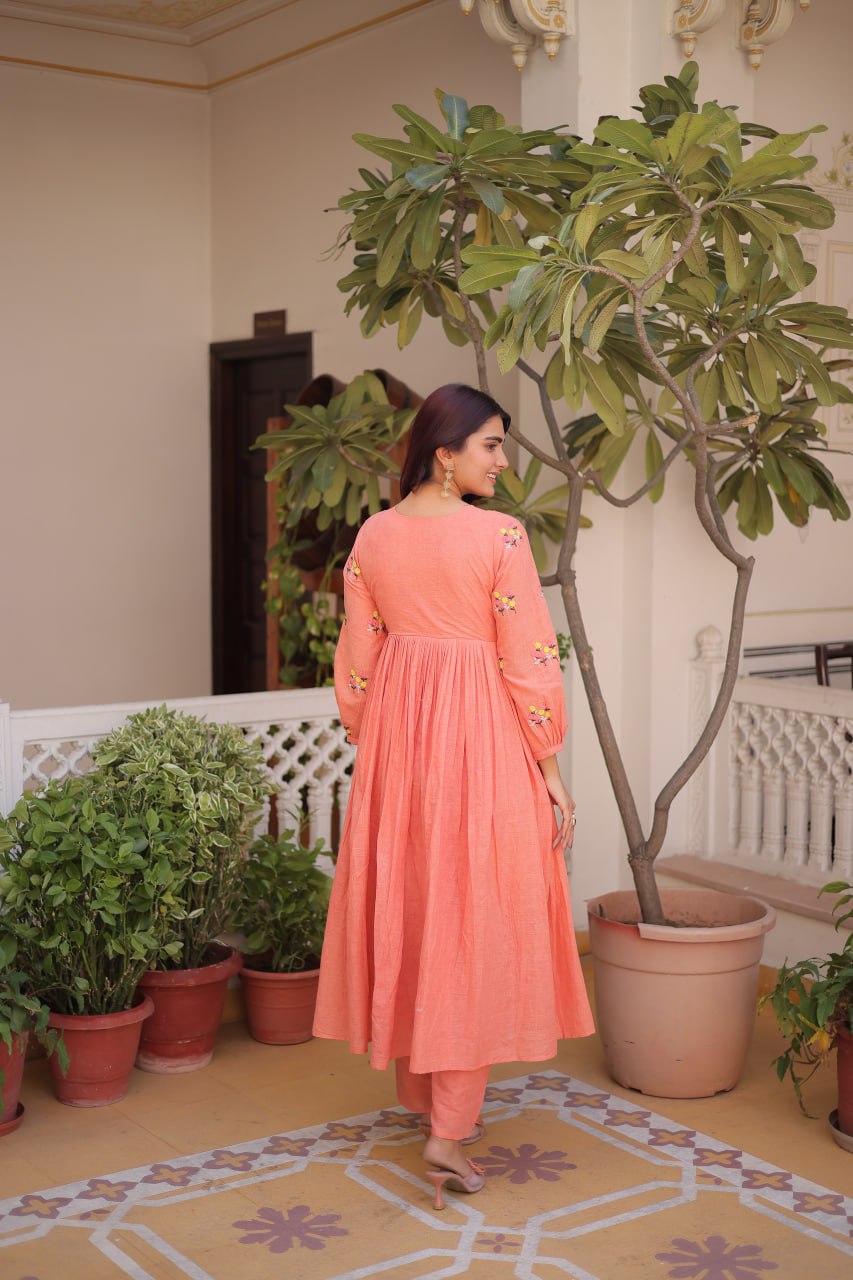 Peach Embroidered Kurti Pant Set