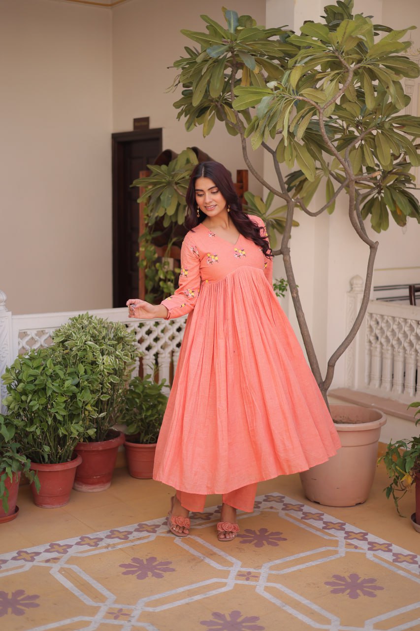 Peach Embroidered Kurti Pant Set