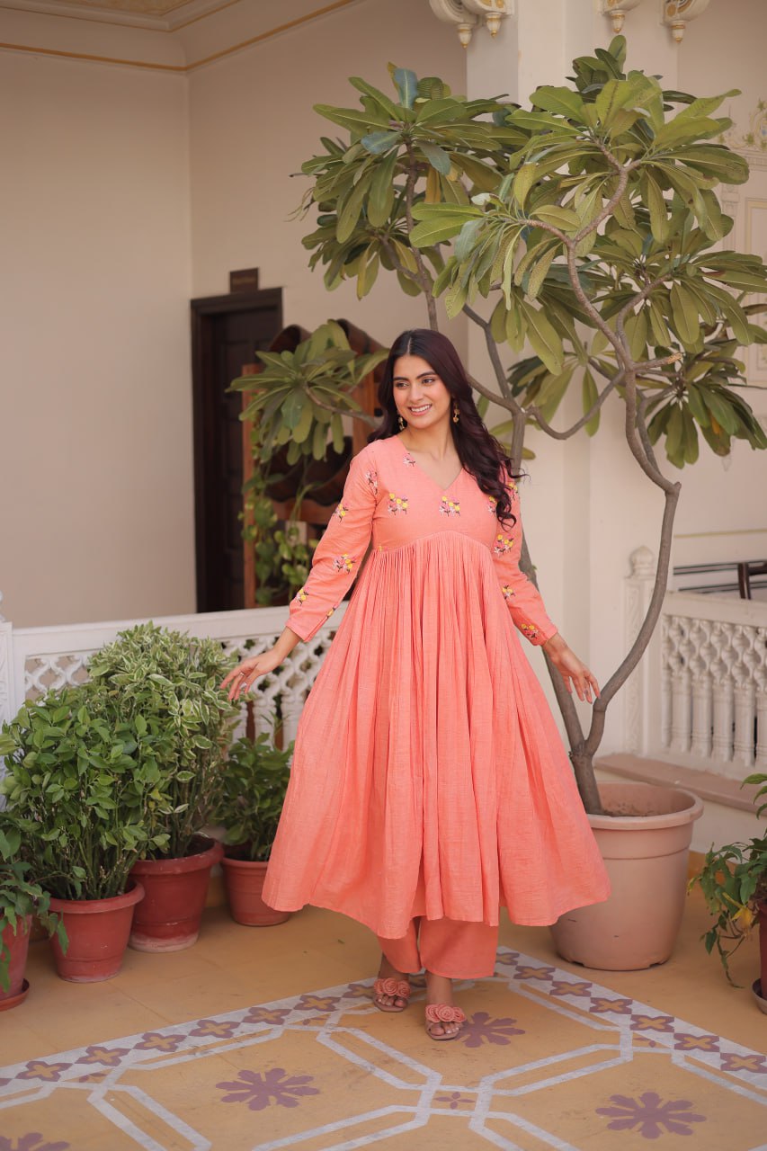 Peach Embroidered Kurti Pant Set
