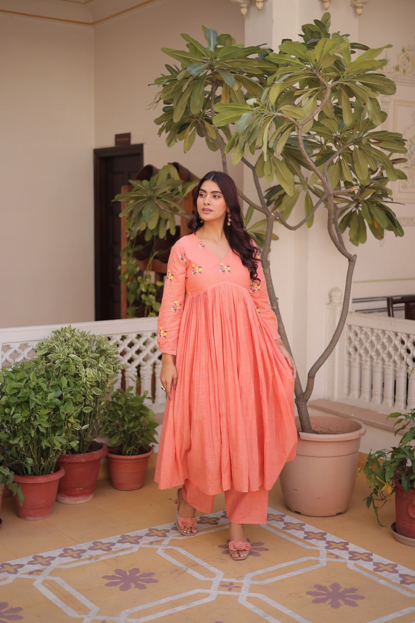 Peach Embroidered Kurti Pant Set
