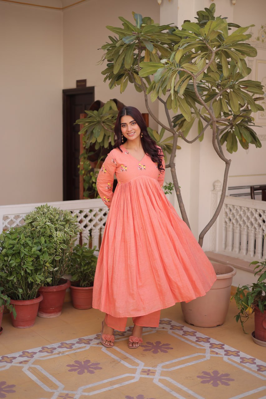 Peach Embroidered Kurti Pant Set