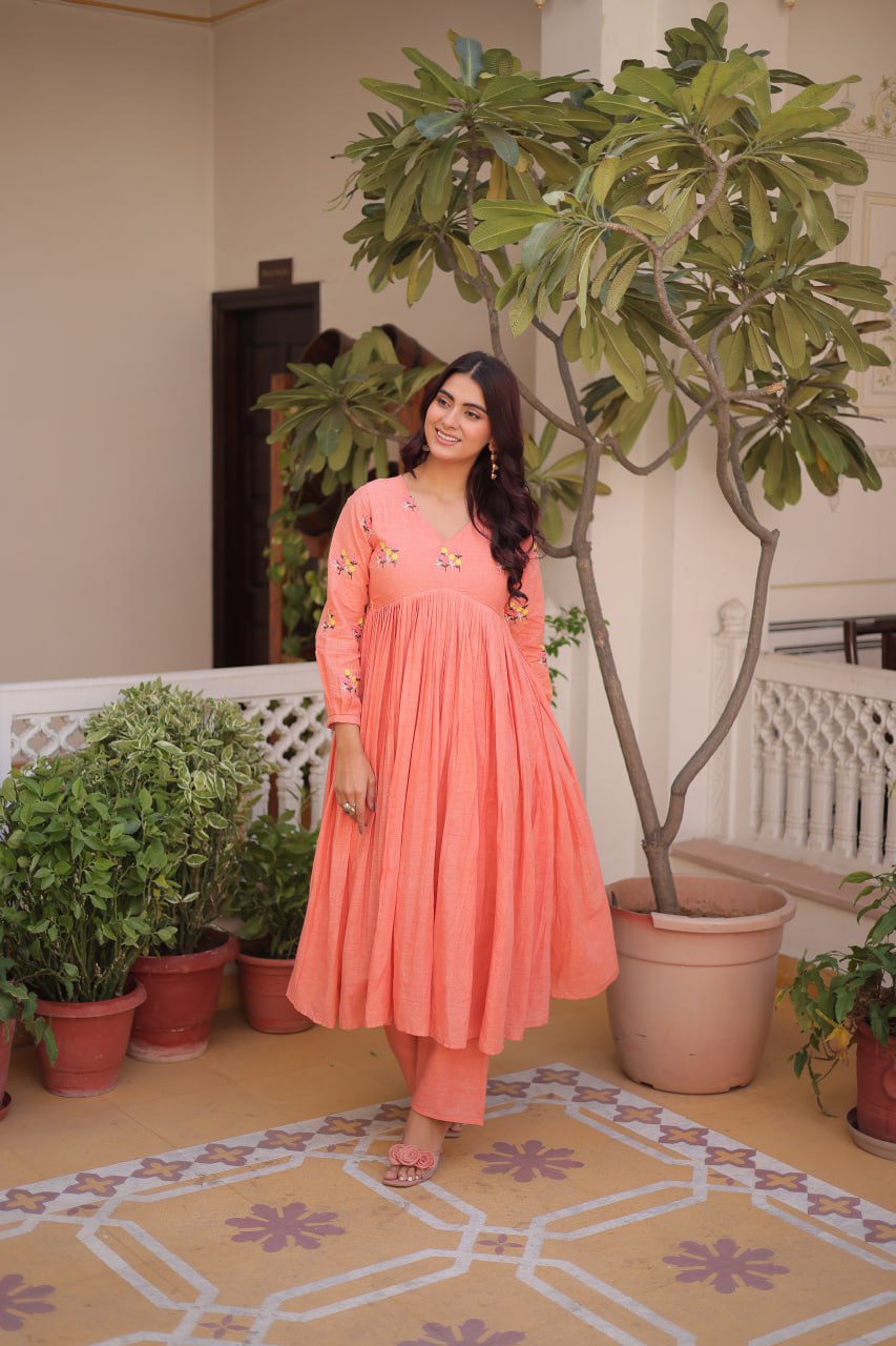 Peach Embroidered Kurti Pant Set