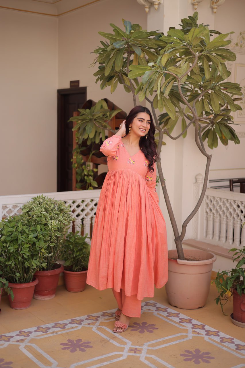 Peach Embroidered Kurti Pant Set