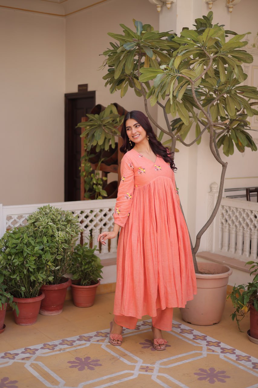 Peach Embroidered Kurti Pant Set