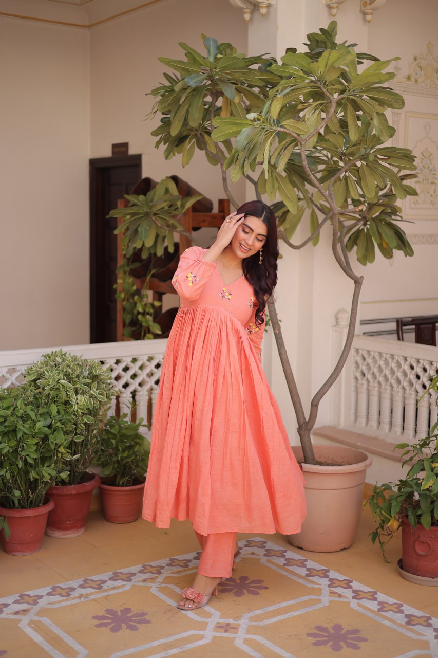 Peach Embroidered Kurti Pant Set