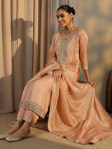 Libas Peach Embroidered Silk Blend Straight Suit Set With Dupatta