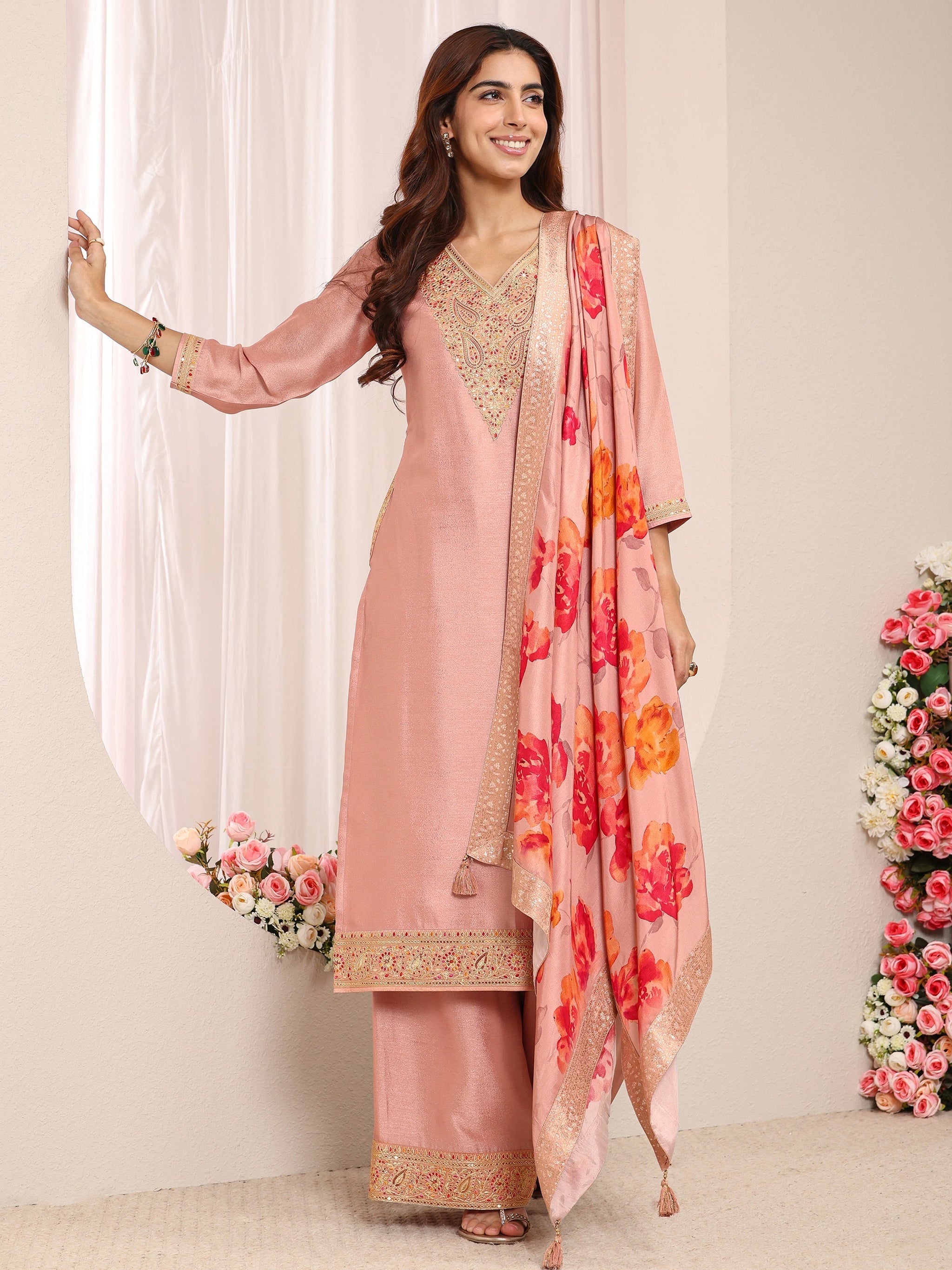 Libas Peach Embroidered Silk Blend Straight Suit Set With Printed Dupatta