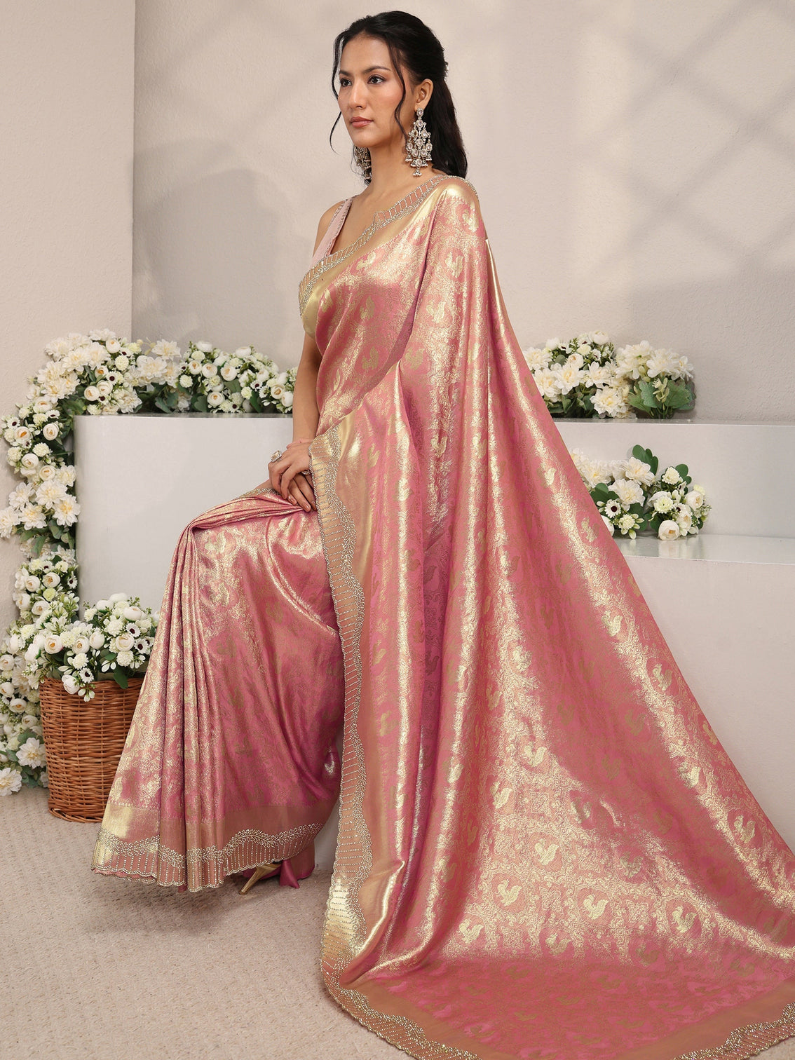 Mameraa Peach Ethnic Woven Design Silk Blend Saree With Unstitched Blouse Piece