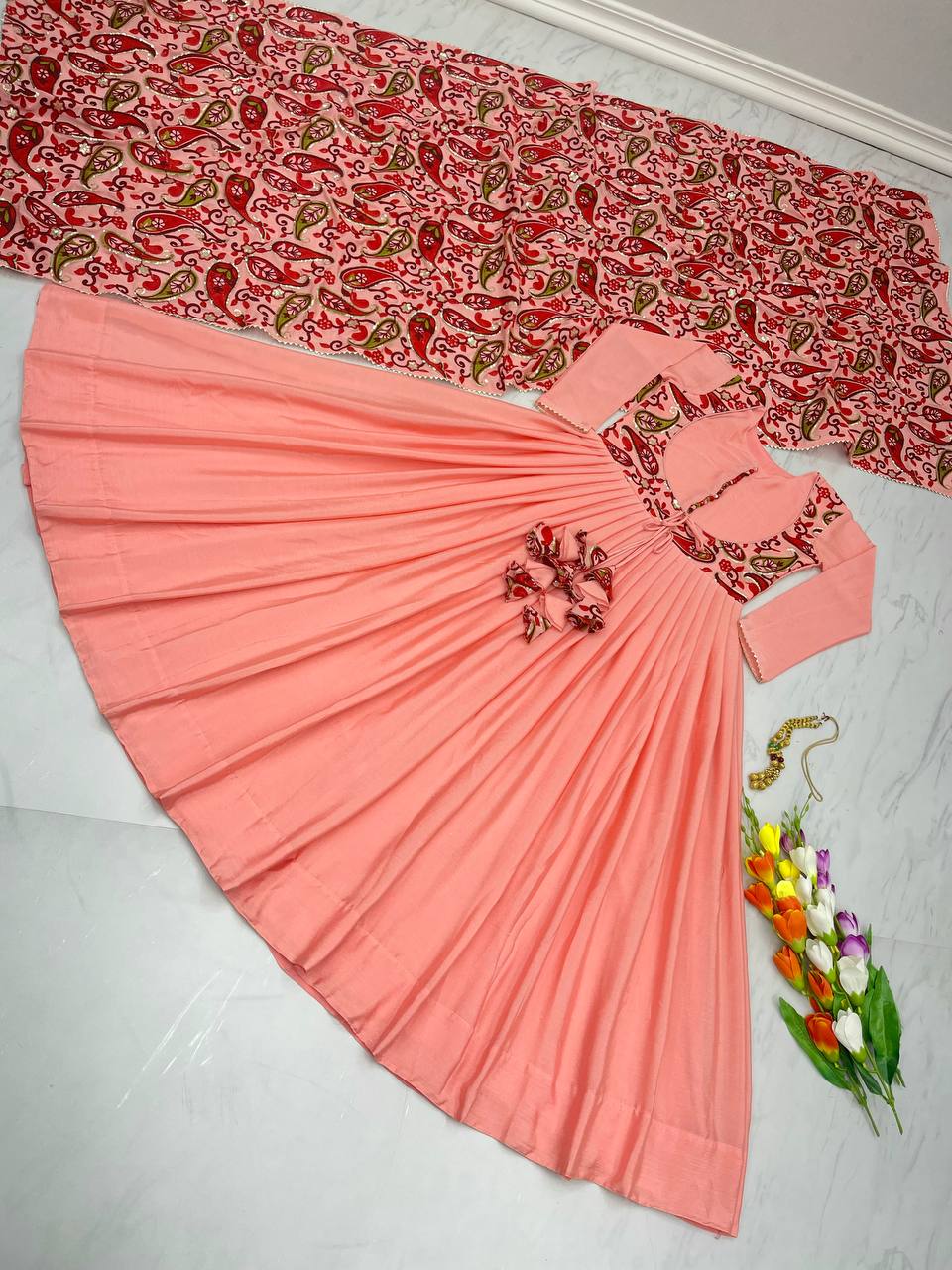 Peach Exquisite Party Wear Gown & Dupatta Set with Embroidery and Sequin Work