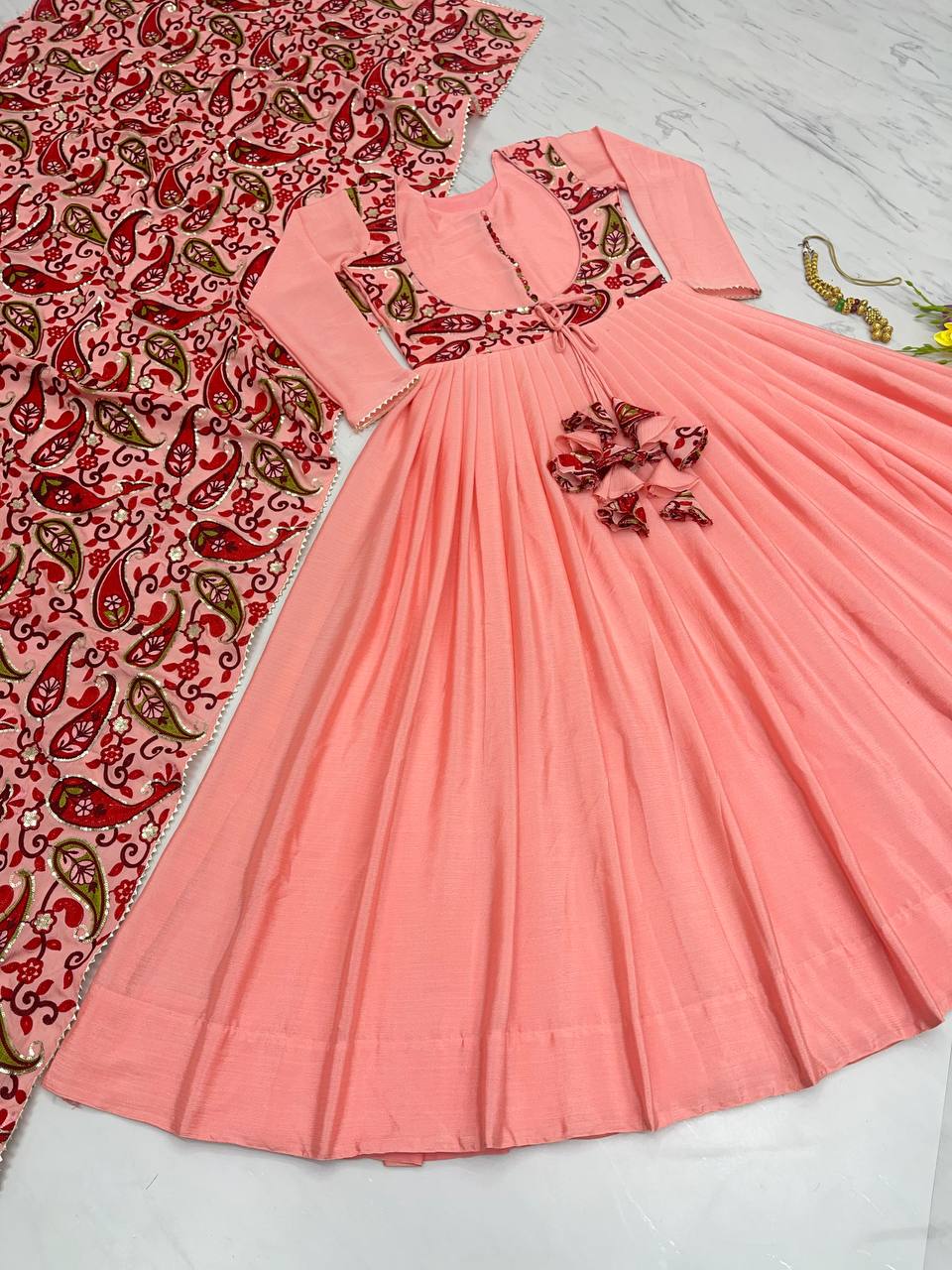 Peach Exquisite Party Wear Gown & Dupatta Set with Embroidery and Sequin Work