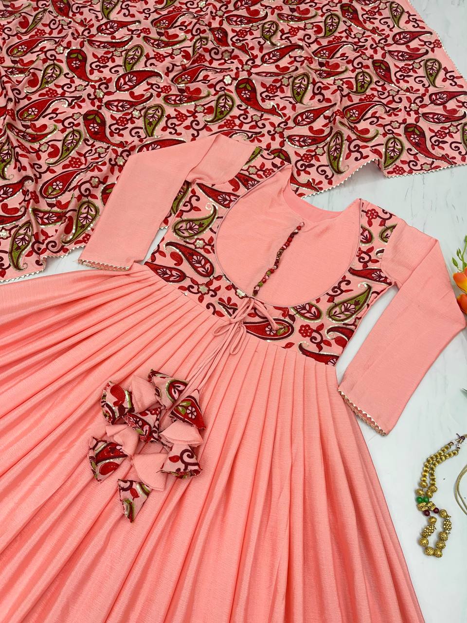 Peach Exquisite Party Wear Gown & Dupatta Set with Embroidery and Sequin Work