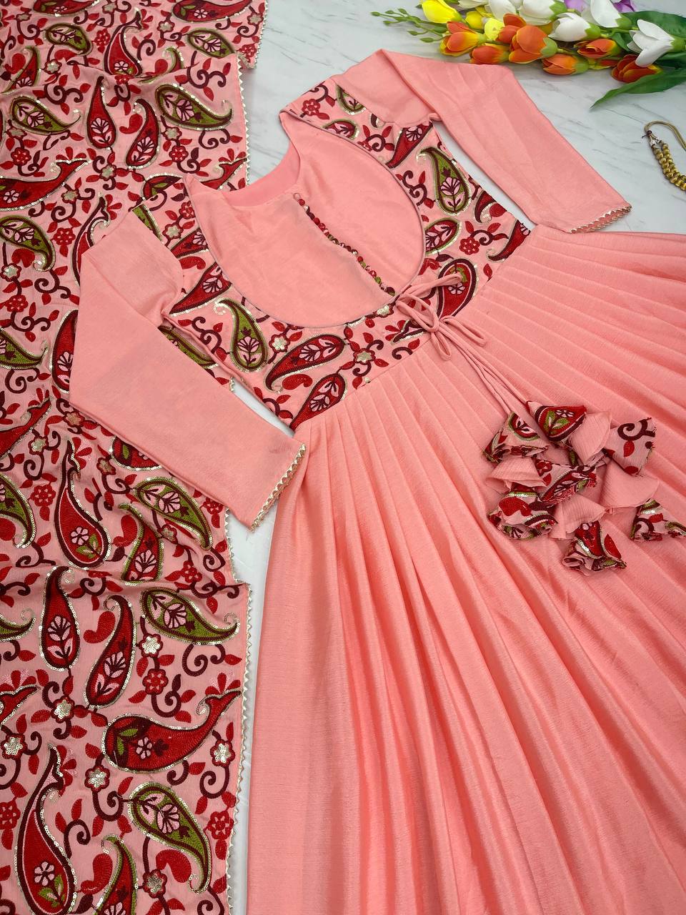 Peach Exquisite Party Wear Gown & Dupatta Set with Embroidery and Sequin Work