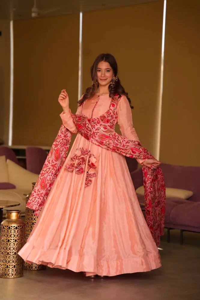 Peach Exquisite Party Wear Gown & Dupatta Set with Embroidery and Sequin Work