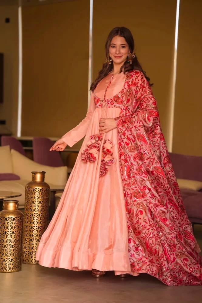 Peach Exquisite Party Wear Gown & Dupatta Set with Embroidery and Sequin Work