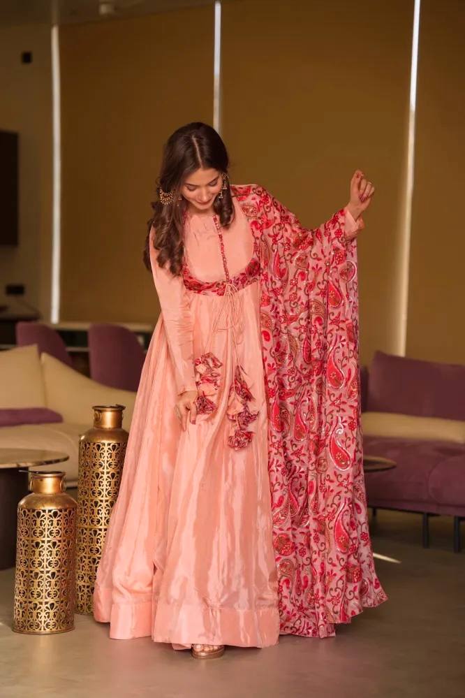 Peach Exquisite Party Wear Gown & Dupatta Set with Embroidery and Sequin Work