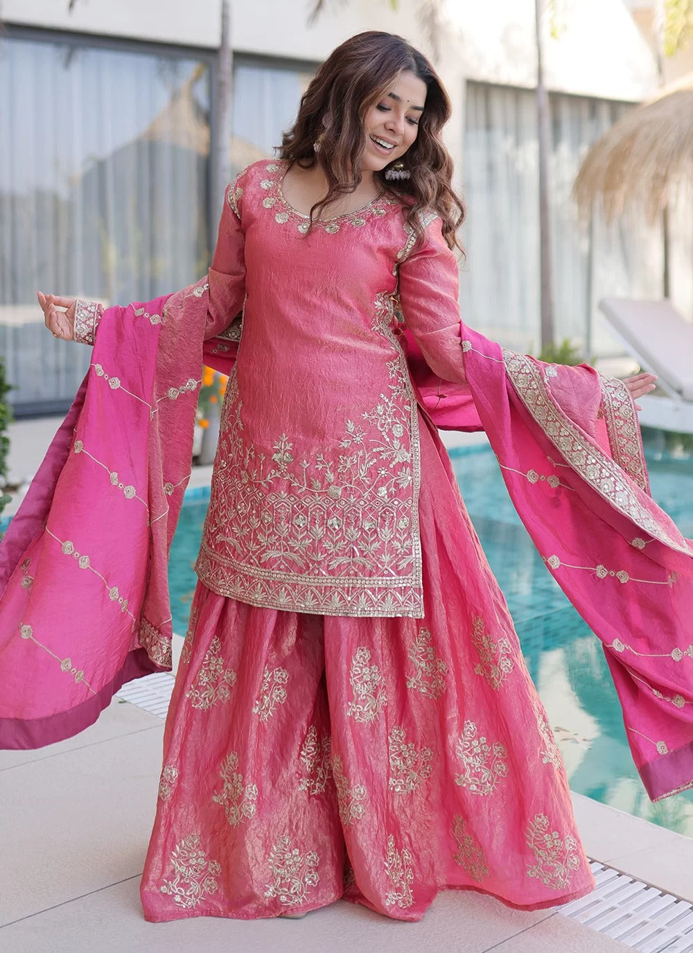 Peach embroidered sharara suit set in fendi crush fabric
