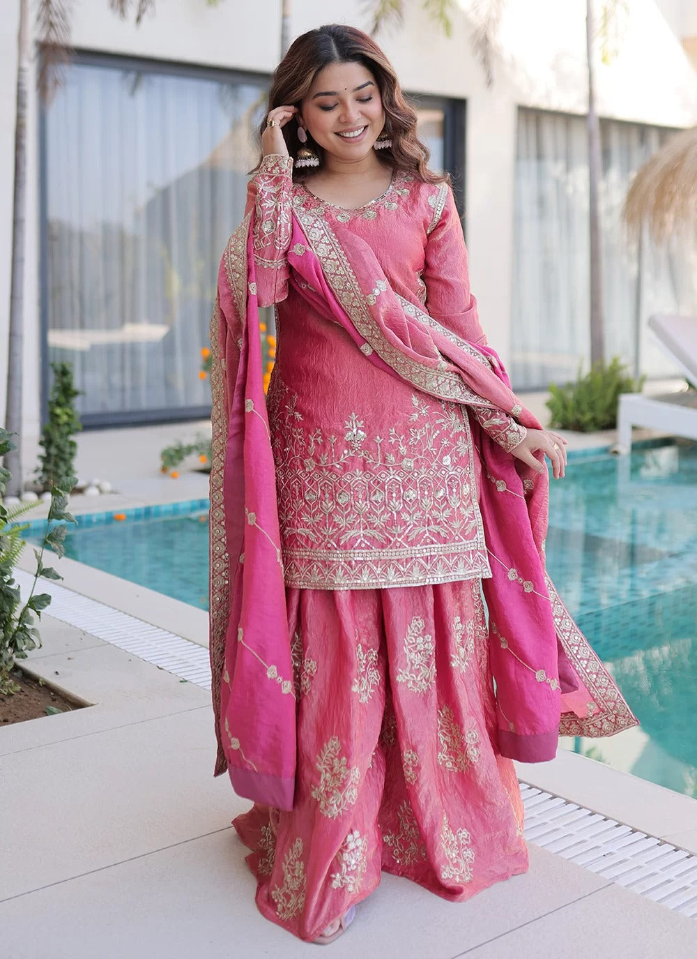Peach embroidered sharara suit set in fendi crush fabric
