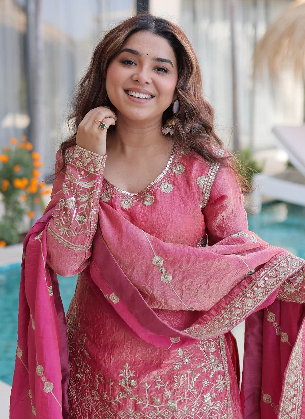 Peach embroidered sharara suit set in fendi crush fabric