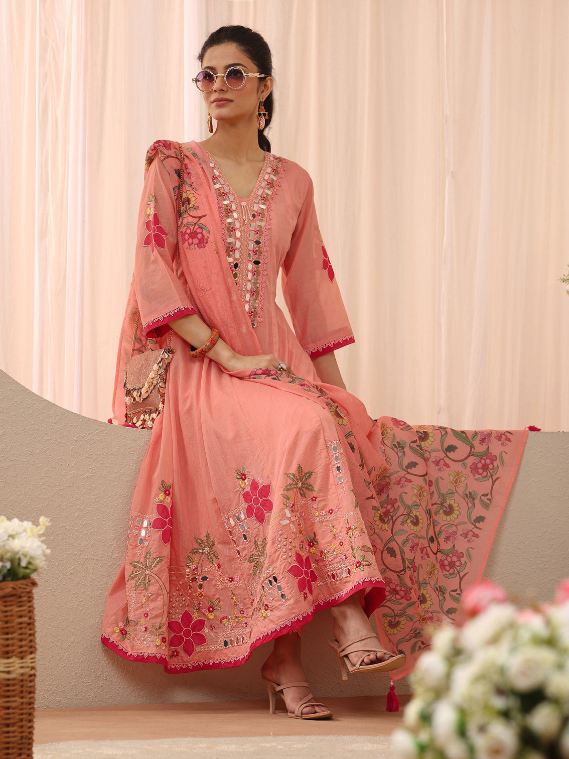 Mameraa Peach Floral Embroidered Silk Blend A-line Suit Set